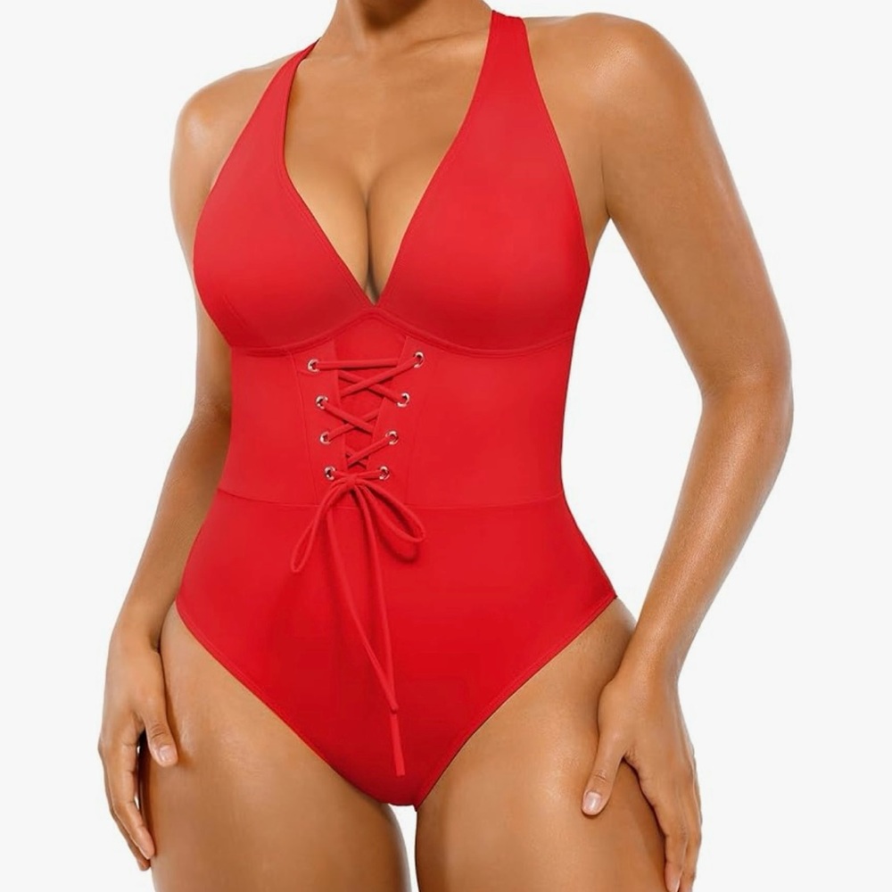 SHAPELLX Red Lace-Up One-Piece Swimsuit Tummy Control Size L